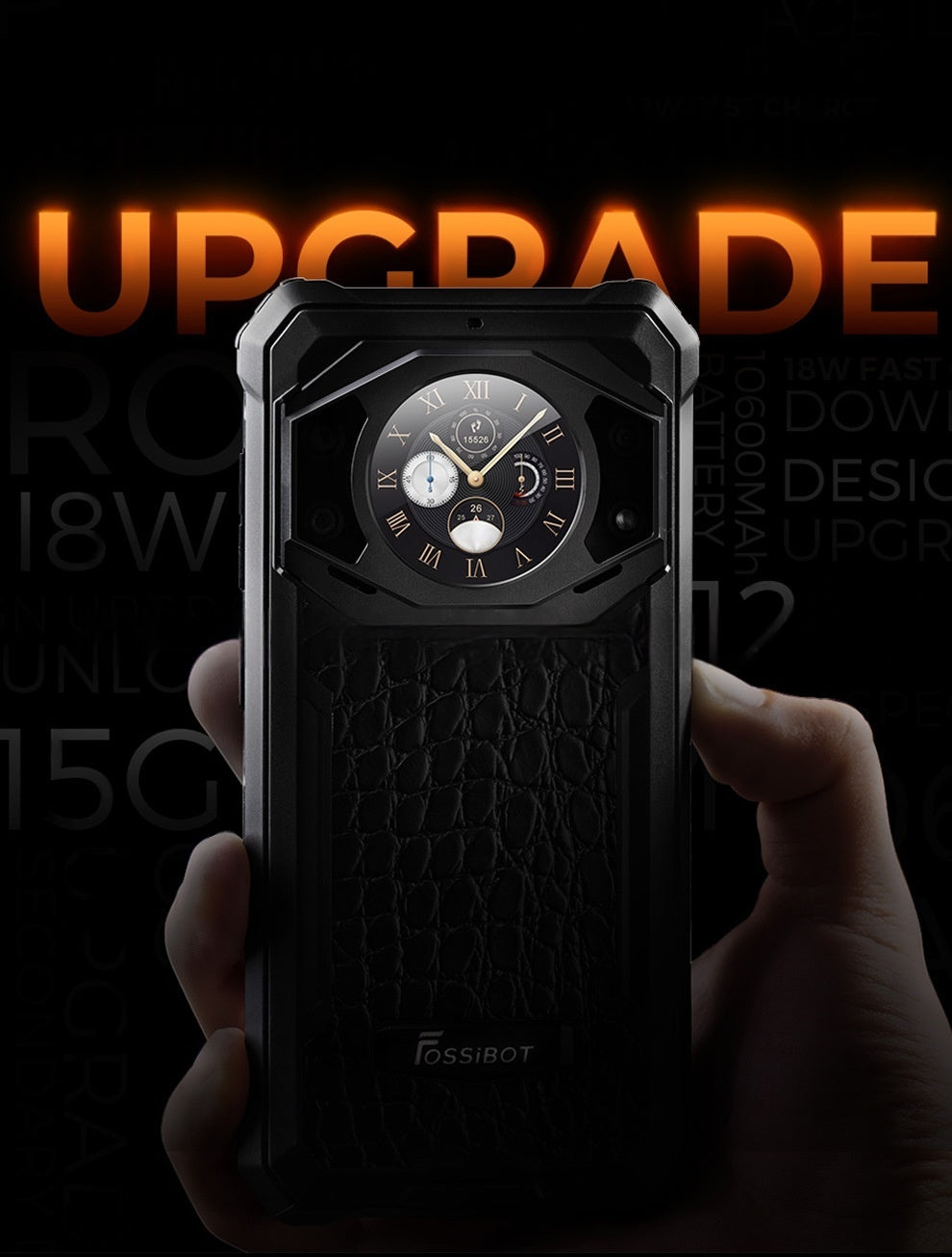 Phone case with clock design held by a hand against a dark background with 'UPGRADE' text.