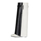 A single mid-calf boot with a color-blocked design featuring a black leather panel on the left and a white leather panel on the right, finished with a white pointed toe and a silver-toned metal buckle detail at the top.