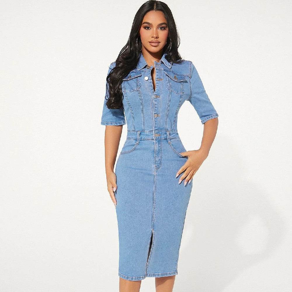 Women's Fashion Personality fitted Denim Hip-wrapped Jeans Midi straight cut front split Dress - EX-STOCK Canada