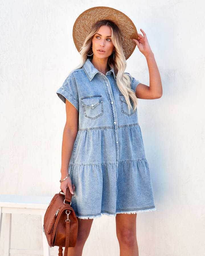 Casual Fashion Denim Short Sleeve loose mini Dress - EX-STOCK Canada