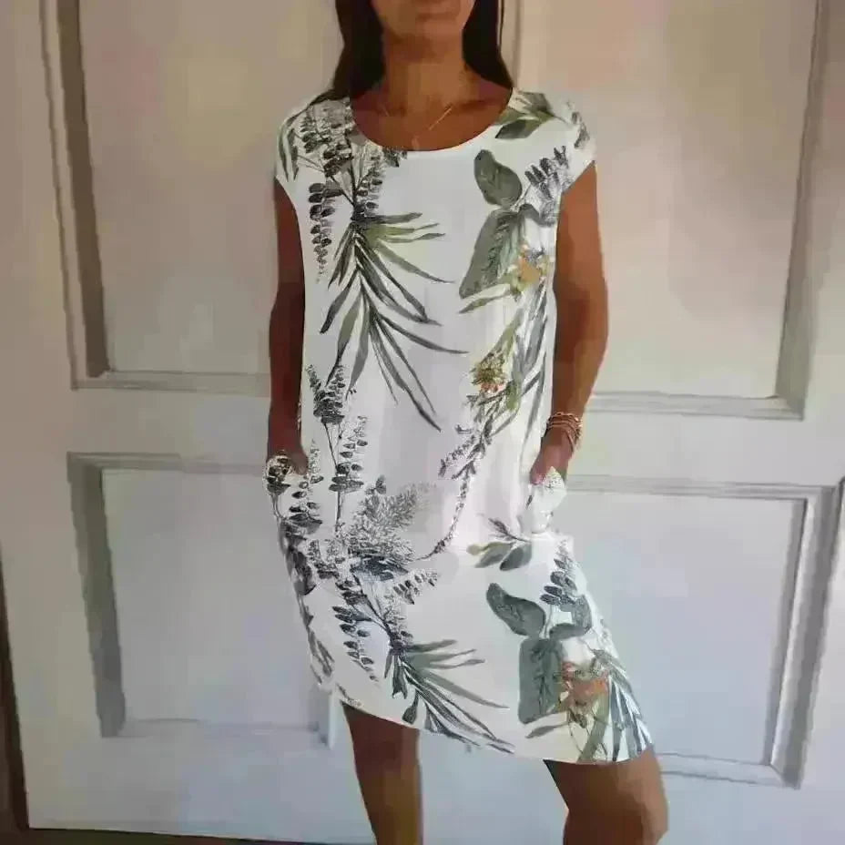 Casual Floral Printed Straight Dress Summer Loose Round Neck Short Sleeve Midi Dresses Womens Clothing - EX-STOCK CANADA