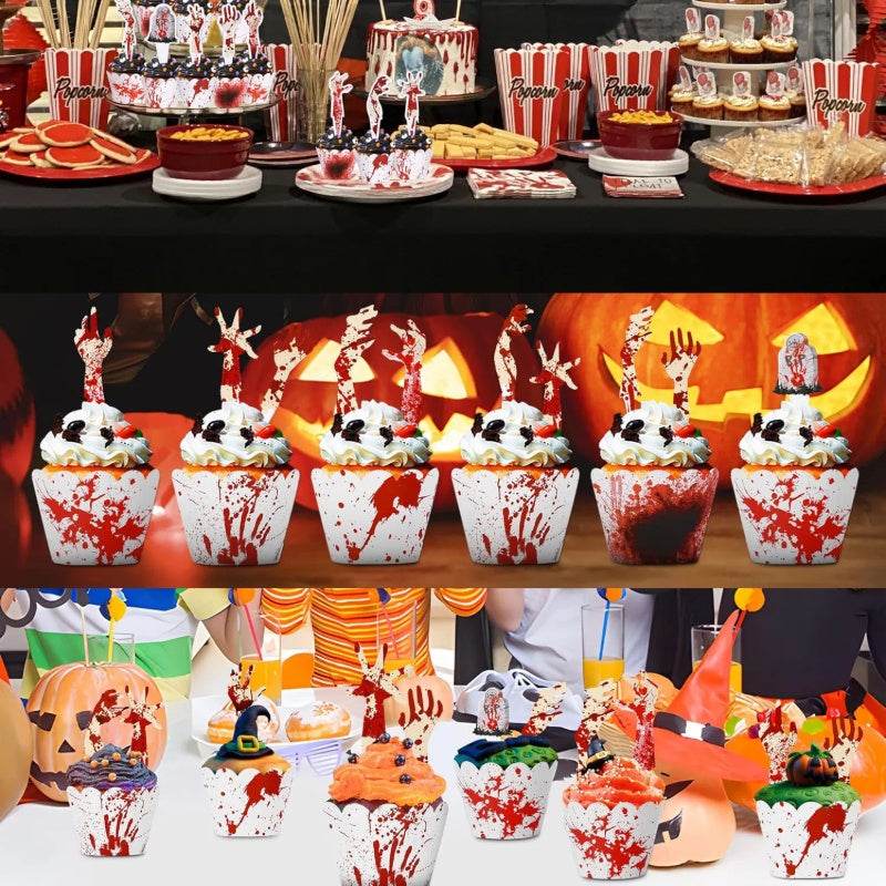48Pcs Halloween Cupcake Toppers Wrappers Rip Kit Bloody Zombie Hand Cupcake Pick Decorations For Halloween Horror Movie Bloody Theme Birthday Party Cake Decorations Supplies - EX-STOCK Canada