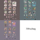 A collage showing multiple small illustrated sticker or decal designs arranged in a grid on a dark gray background, with a white lower-right section containing the text '75Pcs/bag'. The designs include storefronts, cups, desserts, and small decorative illustrations in pink, green, blue, and purple tones.