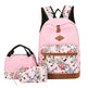 Pink floral backpack with matching lunch bag and pouch on a white background