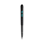 A sleek black digital pen with a metallic silver grip and a small blue LED display showing battery percentage and time, centered on a plain white background.