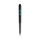 A sleek black digital pen with a metallic silver grip and a small blue LED display showing battery percentage and time, centered on a plain white background.