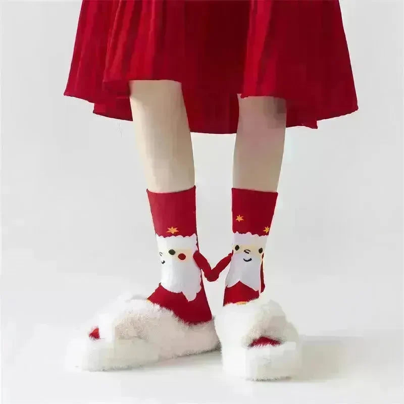 Christmas Magnetic Socks Cute Elk Santa Claus Snowman Hand-holding Socks For Couple - EX-STOCK CANADA