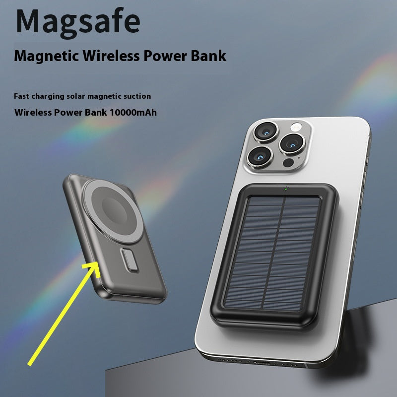 Magsafe magnetic wireless power bank with solar panel on a gray background