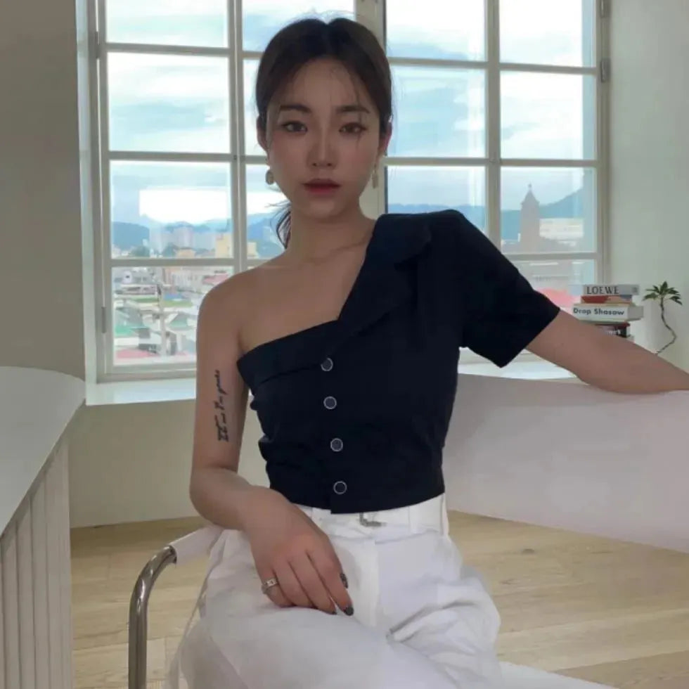 Summer Fashionable Irregular One-shoulder Design  Single-breasted blouse Shirt For Women - EX-STOCK CANADA