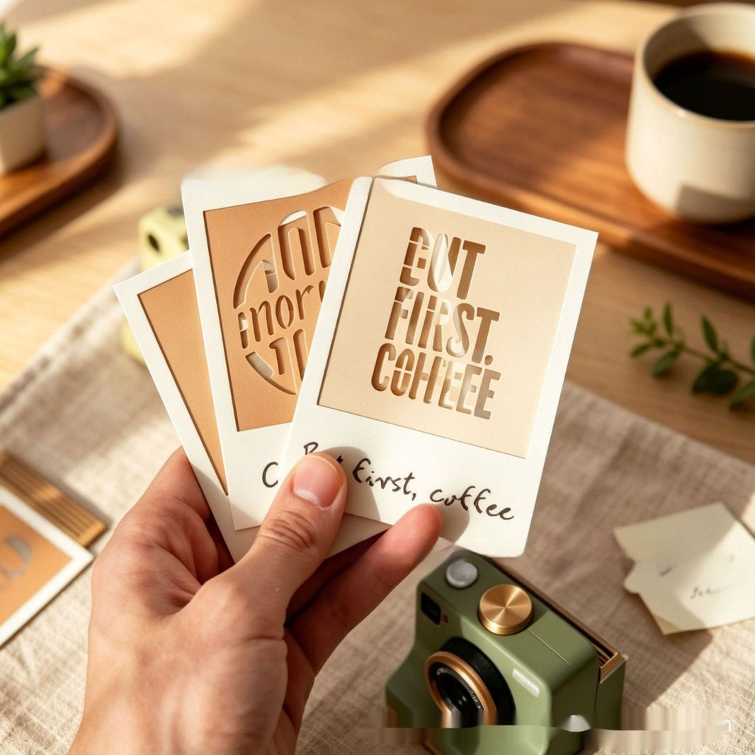 A hand holds three Polaroid-style photo cards with coffee-themed designs, including the text 'BUT FIRST COFFEE' and 'COFFEE FIRST, COFFEE LATE.' The scene is styled on a wooden table with a cup of coffee, a small green camera, and other warm neutral props in the background.