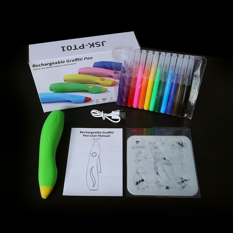 Rechargeable graffiti pen set with packaging, pens, and accessories on a black background