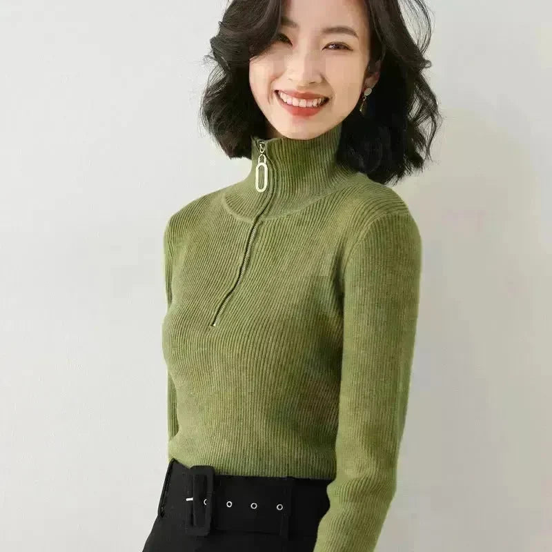 Women Autumn Winter Slim Fit High neck Half zip Knitted sweater Top - EX-STOCK CANADA