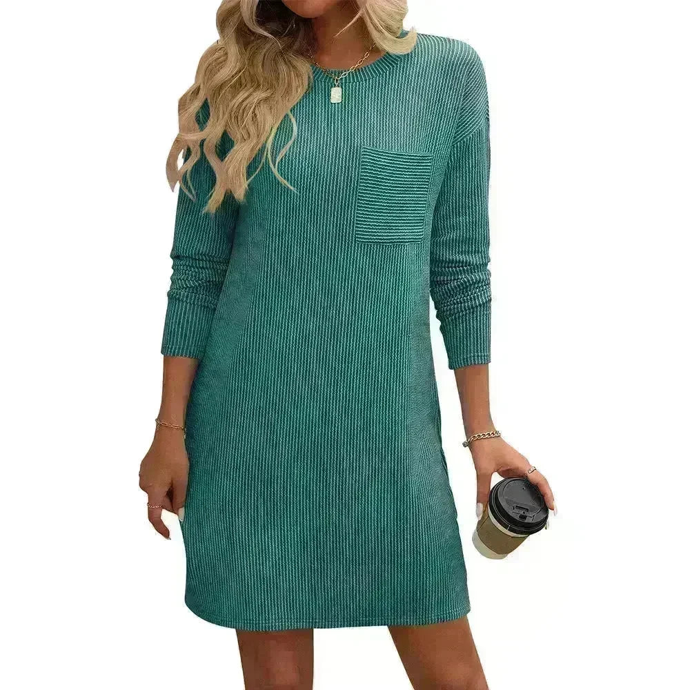 Casual New Solid Color Striped With Pockets Long Sleeve Loose Mini Dress Fashion Round Neck Straight Dress Women's Clothing - EX-STOCK CANADA