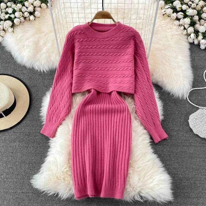 Autumn Winter Sassy Woolen Knitted Two Piece Midi Sweater Dress Outfit set - EX-STOCK Canada