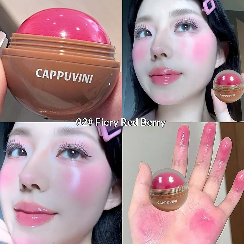 Cappuvini blush product with close-ups on a person's face and hands.