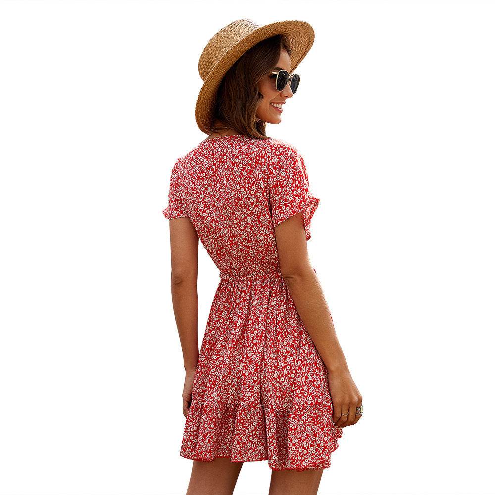 Casual Deep V-neck Short Sleeve Tie belt Floral Summer Mini Dress - EX-STOCK Canada