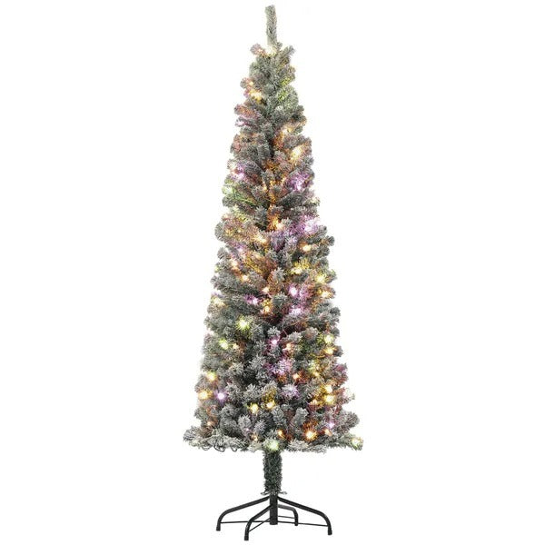 6ft Prelit Pencil Artificial Christmas Tree, Flocked Xmas Tree With Remote, Dual Colour LEDs, 429 Tips, Metal Stand EX-STOCK Canada 