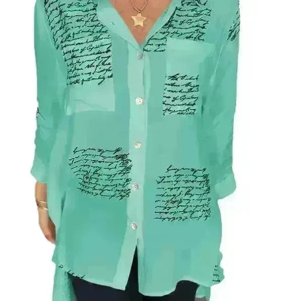 Letter Print Long Sleeve Shirt Fashion Commuter Style Lapel Shirt Women's Clothing - EX-STOCK CANADA