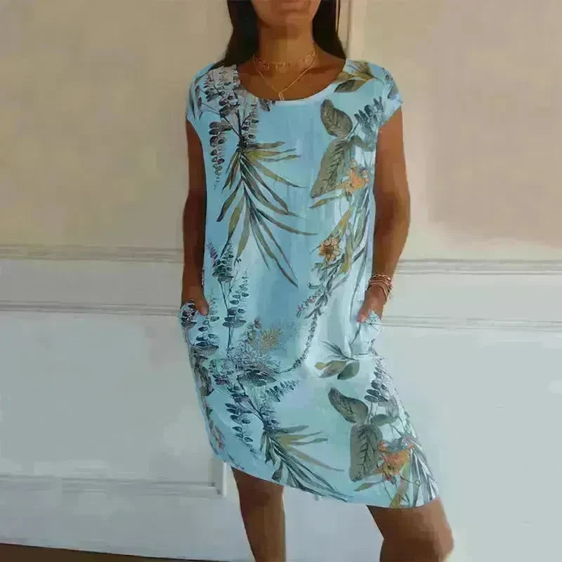 Casual Floral Printed Straight Dress Summer Loose Round Neck Short Sleeve Midi Dresses Womens Clothing - EX-STOCK CANADA