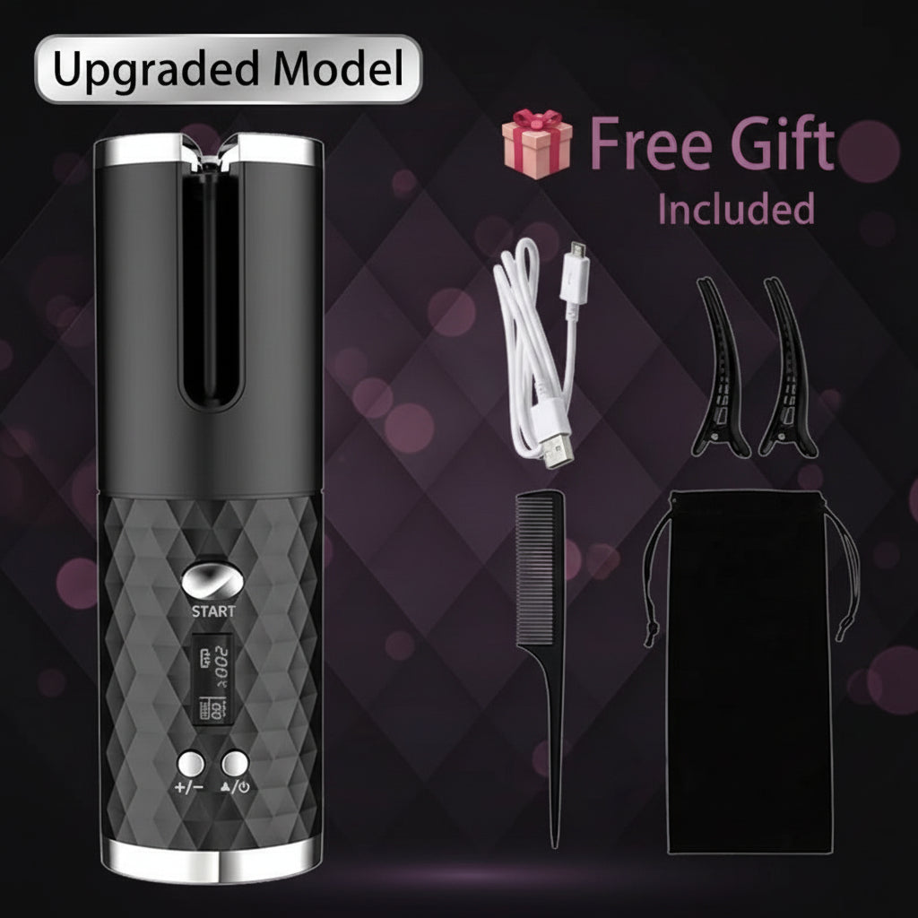 Cordless Automatic Hair Curler with LCD Display – USB Rechargeable, Ceramic Barrel