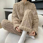 Autumn And Winter New Twist Zipper Couple Fleece-lined Thick Coral Fleece Pajamas Homewear Loungewear Sleepwear For Sleeping - EX-STOCK Canada
