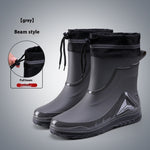 Gray rain boots with pull beam feature on a gray background