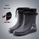 Gray rain boots with pull beam feature on a gray background