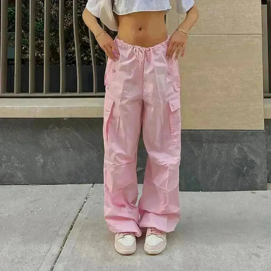 Casual Cargo Pants For Women Solid Color Drawstring Pocket Design Fashion Street Trousers Girls - EX-STOCK CANADA