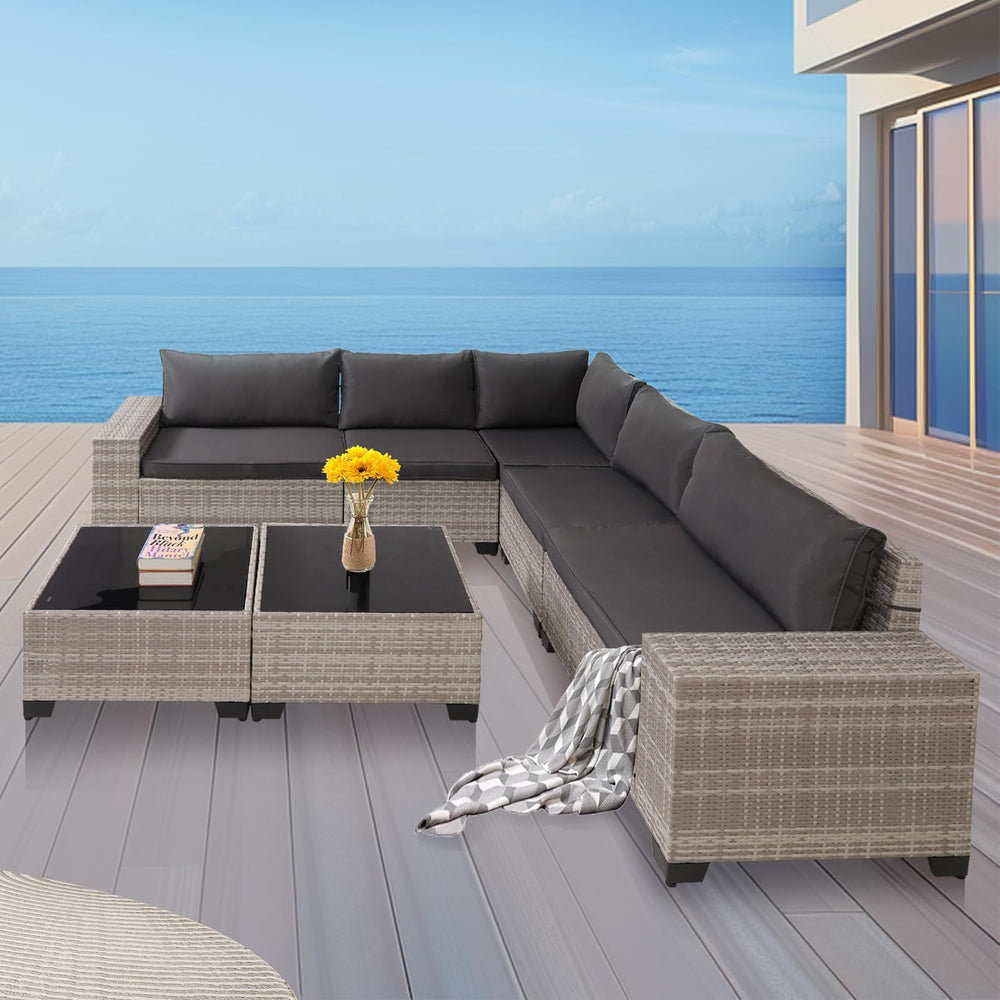 7-Piece Outdoor Patio Furniture Sets, All-Weather Wicker Rattan Sectional Sofa, Modern Two Glass Coffee Table And Washable Seat Cushion EX-STOCK Canada 