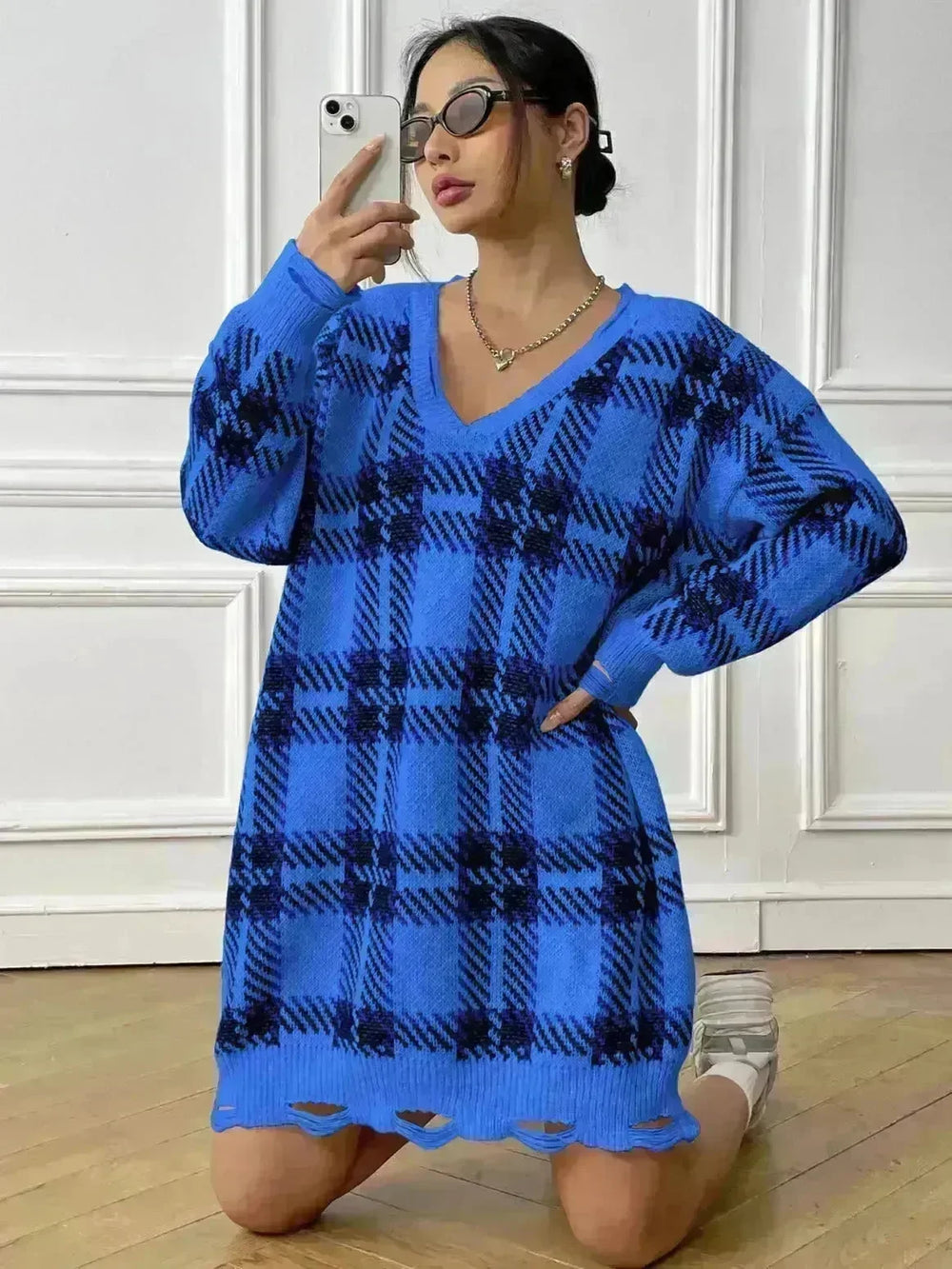 Deer Plush V-neck Long Sleeve Plaid Winter Jumper Mini dress - EX-STOCK CANADA