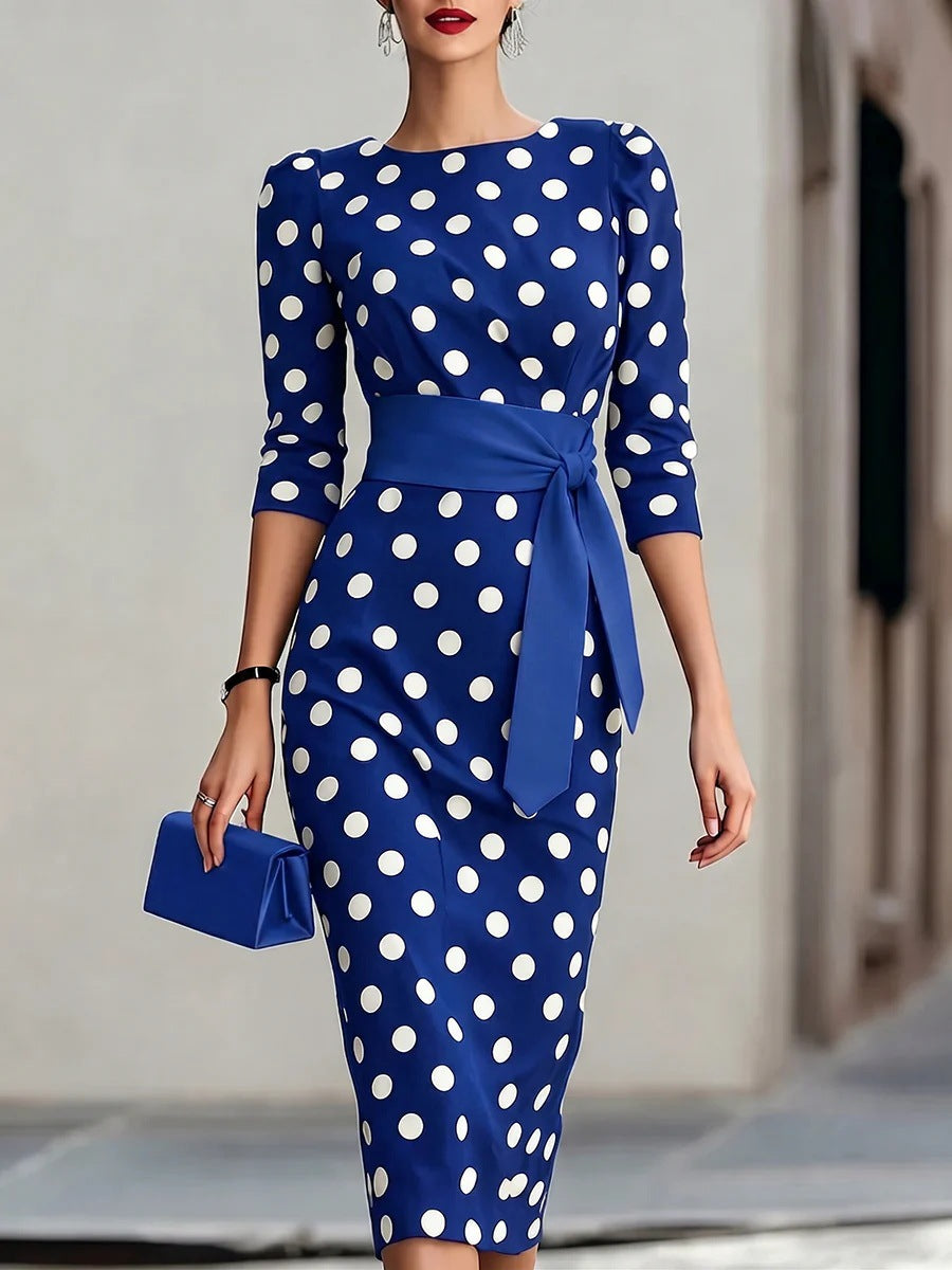 Retro polka-dot belted bodycon midi dress for women in multiple colors