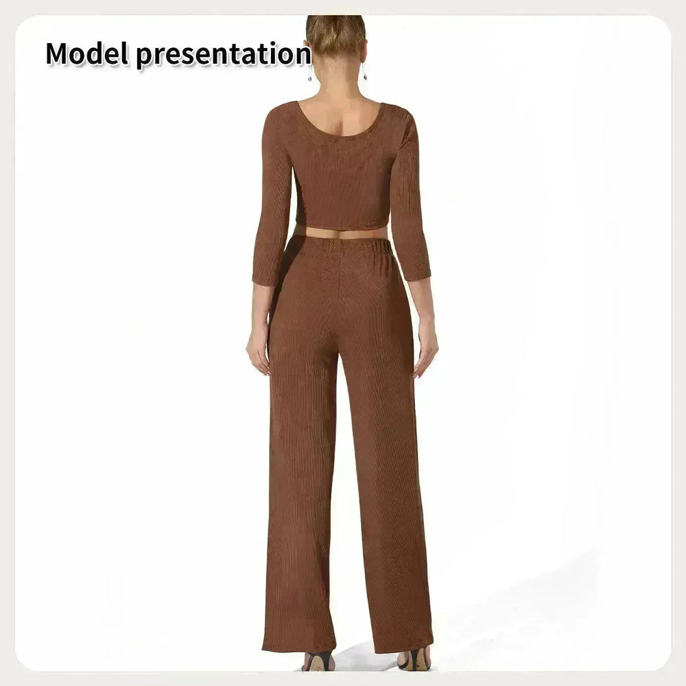 Women Fashion Casual Matching 2pcs set Long Sleeve Crop top and Pant set - EX-STOCK CANADA