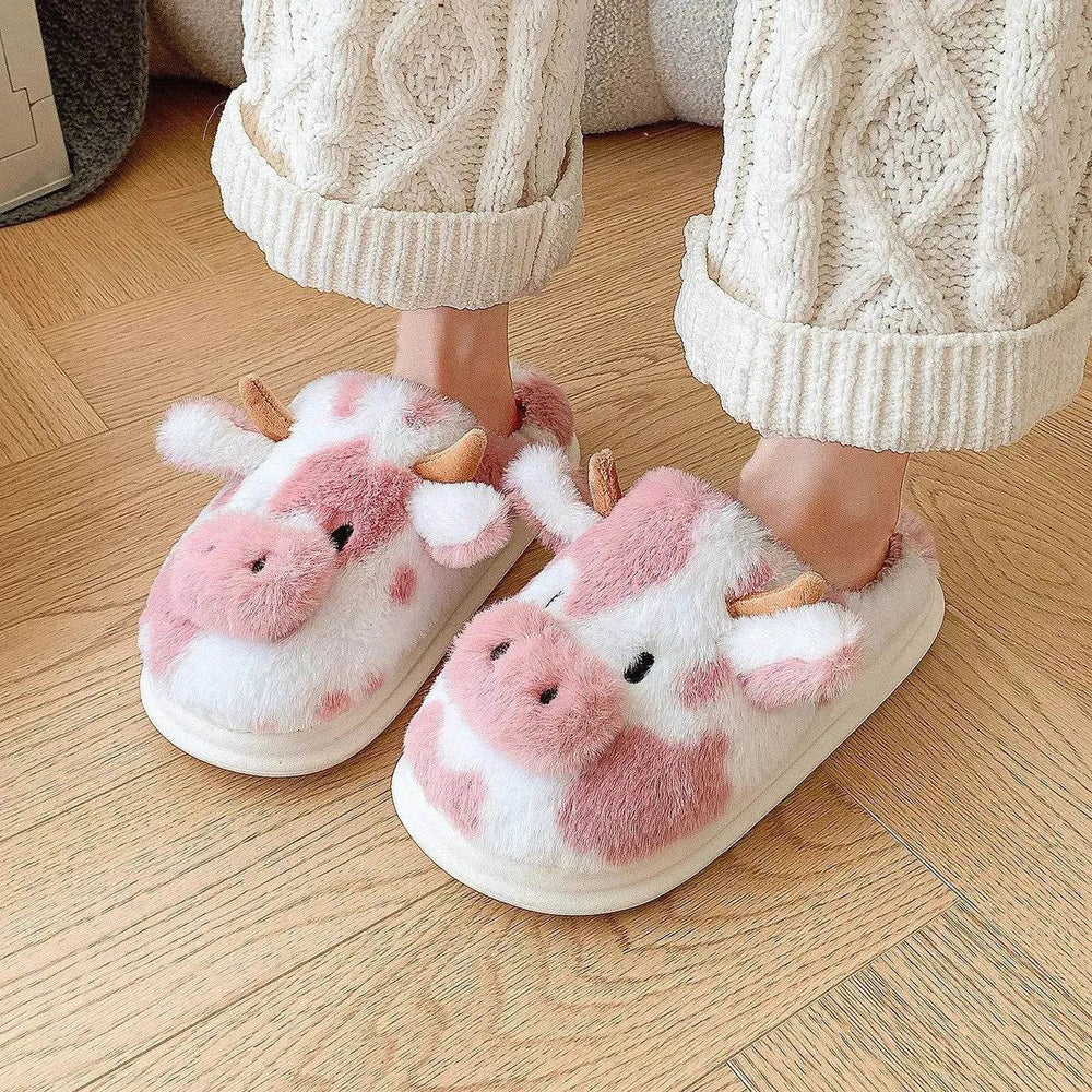 Cute Cartoon Cow Plush Slippers Winter Warm Indoor Bedroom Floor Fuzzy Slipper Couple Non-slip House Shoes - EX-STOCK Canada