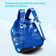 Blue backpack with space-themed design on a light blue background