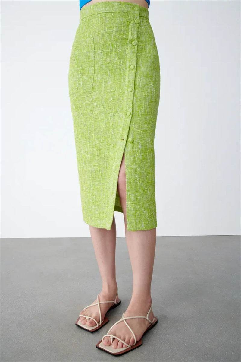 Women's Green Textured Slit High Waist Slit Midi Skirt green - EX-STOCK Canada