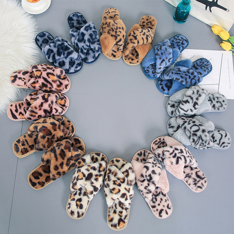 Cross-strap Fuzzy Slippers Leopard Plush House Shoes Flat Bedroom Slippers Slippers For Women EX-STOCK Canada 