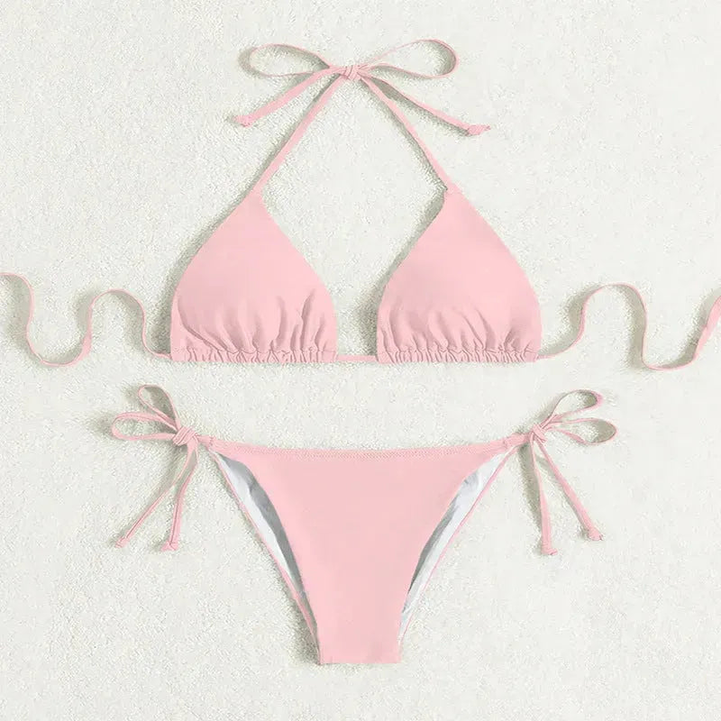 Pure Color Tied Halter Bikini Swimsuit - EX-STOCK CANADA