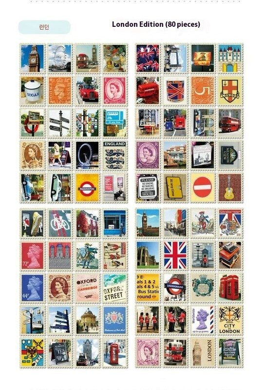 Collection of London-themed postage stamps on a white background