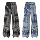 Street Retro Washed Distressed Tie-dye Multi-pocket Denim Trouser Unisex Baggy Cargo Denim Jeans Pants - EX-STOCK Canada