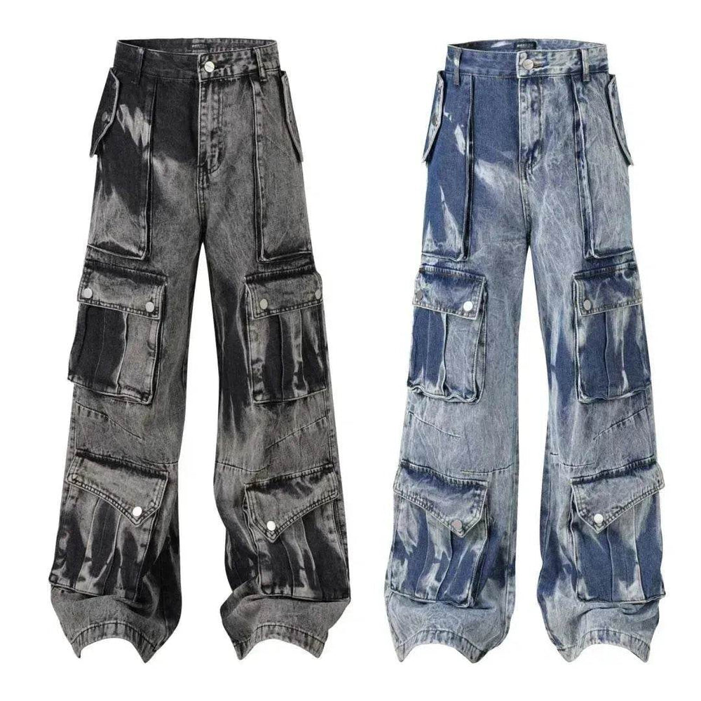 Street Retro Washed Distressed Tie-dye Multi-pocket Denim Trouser Unisex Baggy Cargo Denim Jeans Pants - EX-STOCK Canada