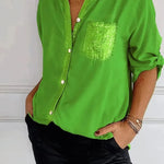 Casual Button-down Long Sleeve Shirt With Sequin Pocket Design Fashion Commuter Top Women Clothing - EX-STOCK CANADA
