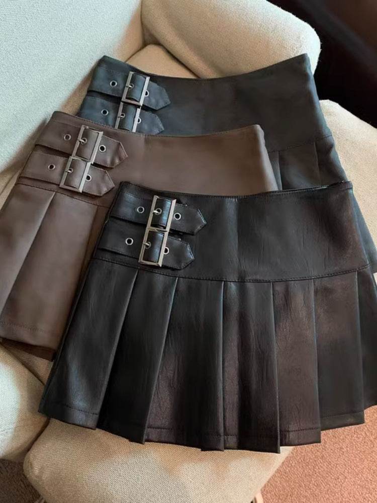 Women's American-style Vintage Mini Pleated Leather Skirt - EX-STOCK Canada