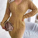 Solid Color V-Neck Long Sleeve Slim fit Winter Knit Mini  sweater Dress Slim - EX-STOCK CANADA