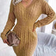 Solid Color V-Neck Long Sleeve Slim fit Winter Knit Mini  sweater Dress Slim - EX-STOCK CANADA