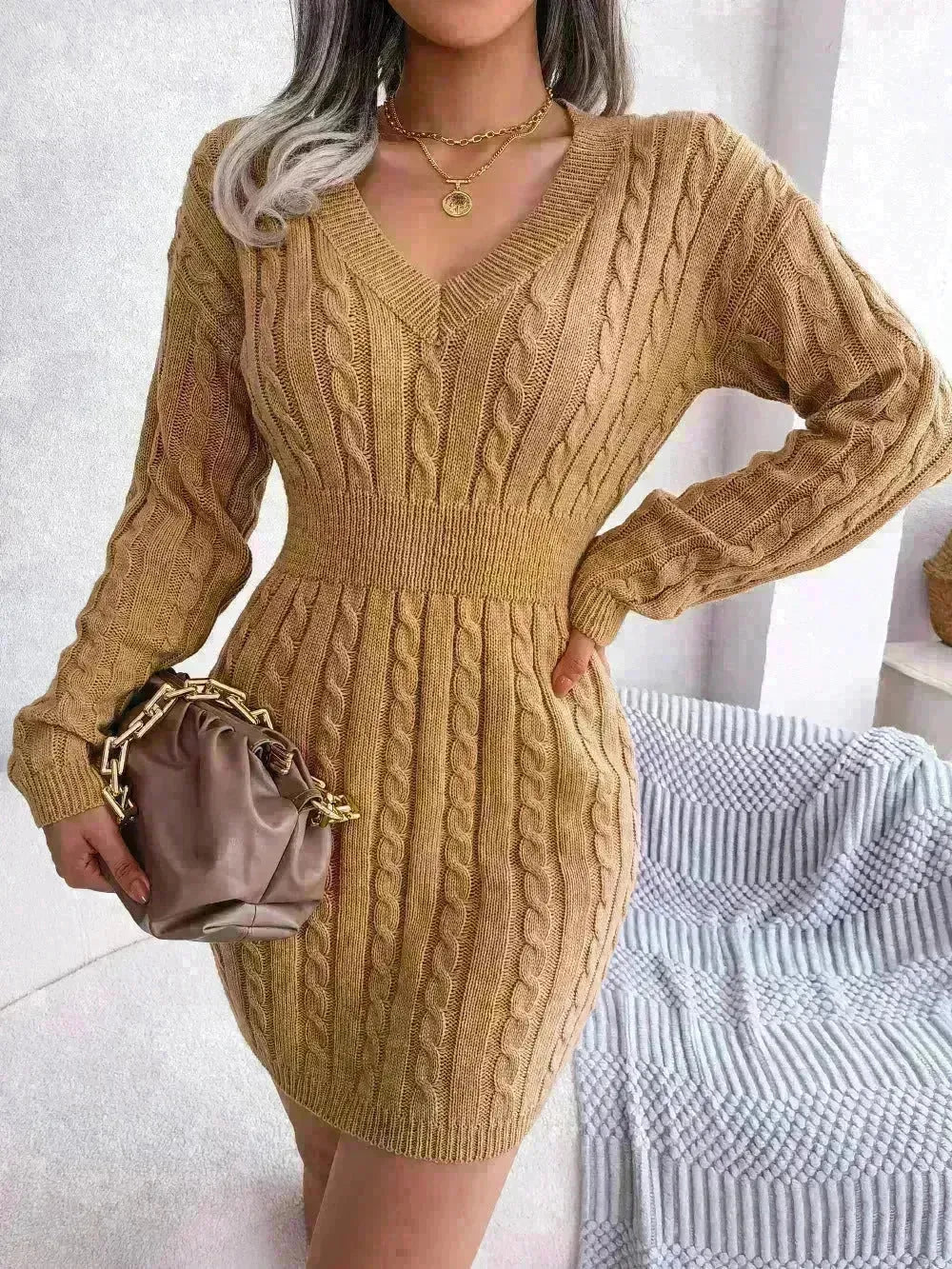 Solid Color V-Neck Long Sleeve Slim fit Winter Knit Mini  sweater Dress Slim - EX-STOCK CANADA