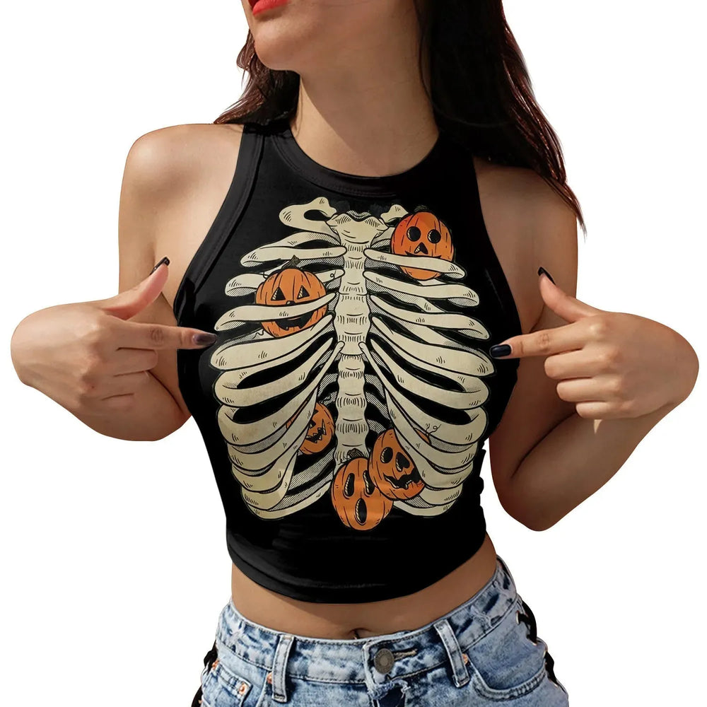 Halloween Printed Skeleton Skull Vest crop Top For Women - EX-STOCK CANADA