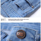 Close-up detail shots of light blue denim jeans showing the front pocket with a metal button and branding, plus a branded button detail. Text overlays describe the front pocket design and metal letter buttons.