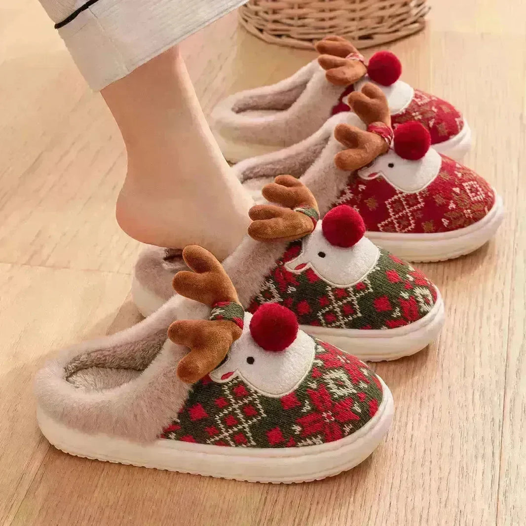 Cute Christmas Elk Plush Slippers Winter Ins Fashion Non-slip Floor Bedroom Home Slippers For Women Fuzzy House Shoes - EX-STOCK CANADA