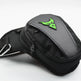 Black waist bag with a green logo on a white background