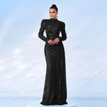 Vestido de banquete de lentejuelas largas del cuello redondo y redondo de manga larga